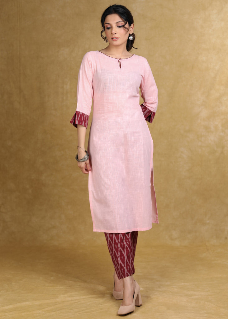 Elegant Baby Pink Cotton Kurta with Contrast Ikat Detailing
