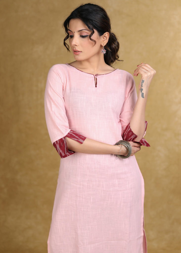 Elegant Baby Pink Cotton Kurta with Contrast Ikat Detailing