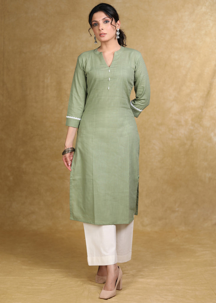 Classy Olive Green Cotton Straight Cut Kurta with White Laces