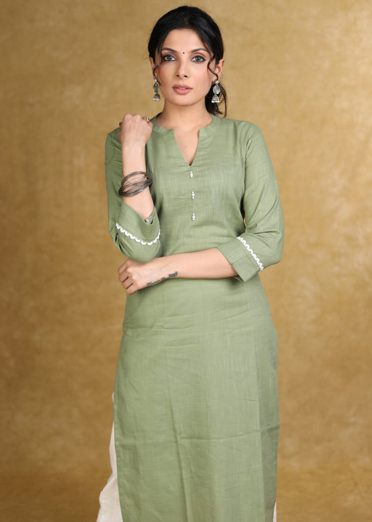 Classy Olive Green Cotton Straight Cut Kurta with White Laces