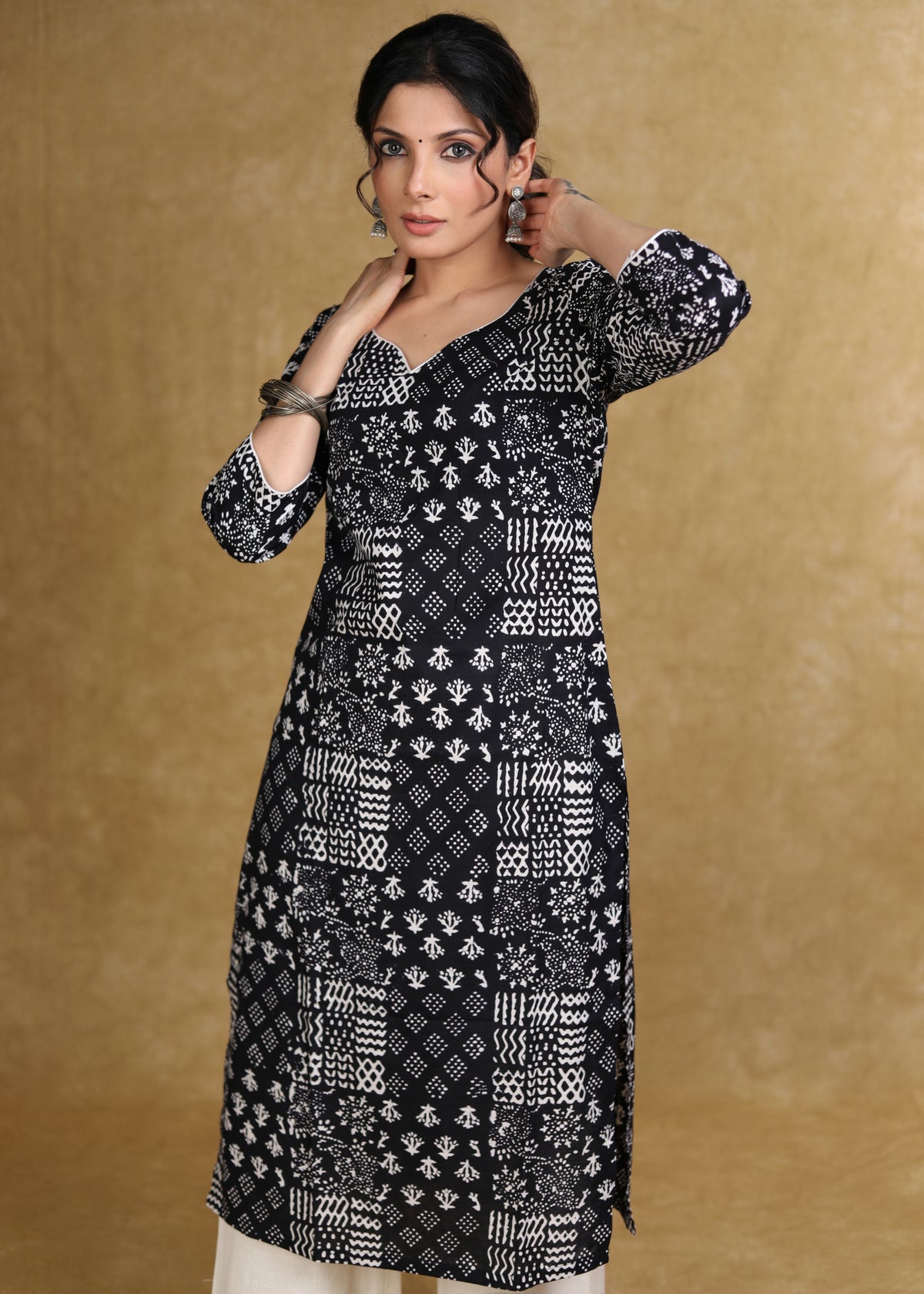 Dussehra Sale — Easy To Wear Cotton Black Patch Work Printed Kurta - Pant Optional