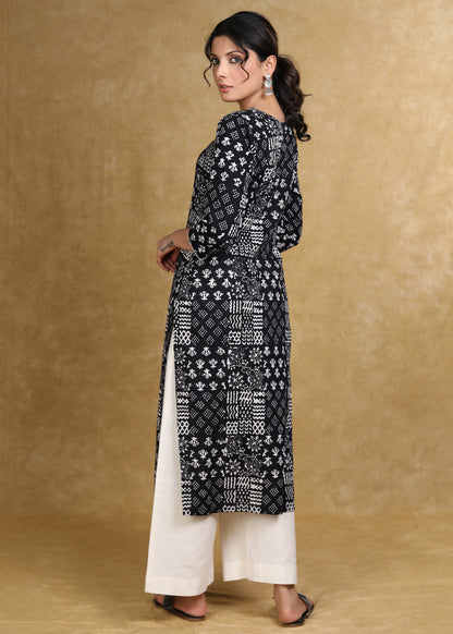 Easy To Wear Cotton Black Patch Work Printed Kurta