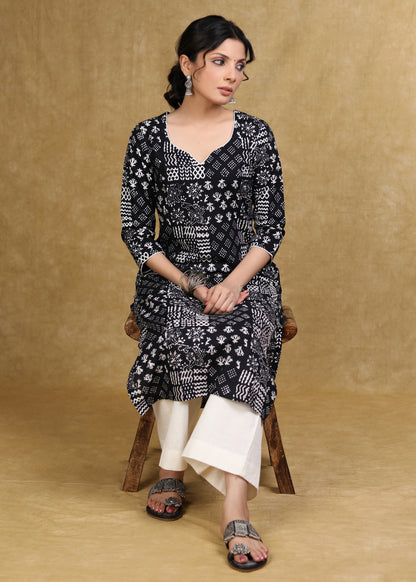 Easy To Wear Cotton Black Patch Work Printed Kurta