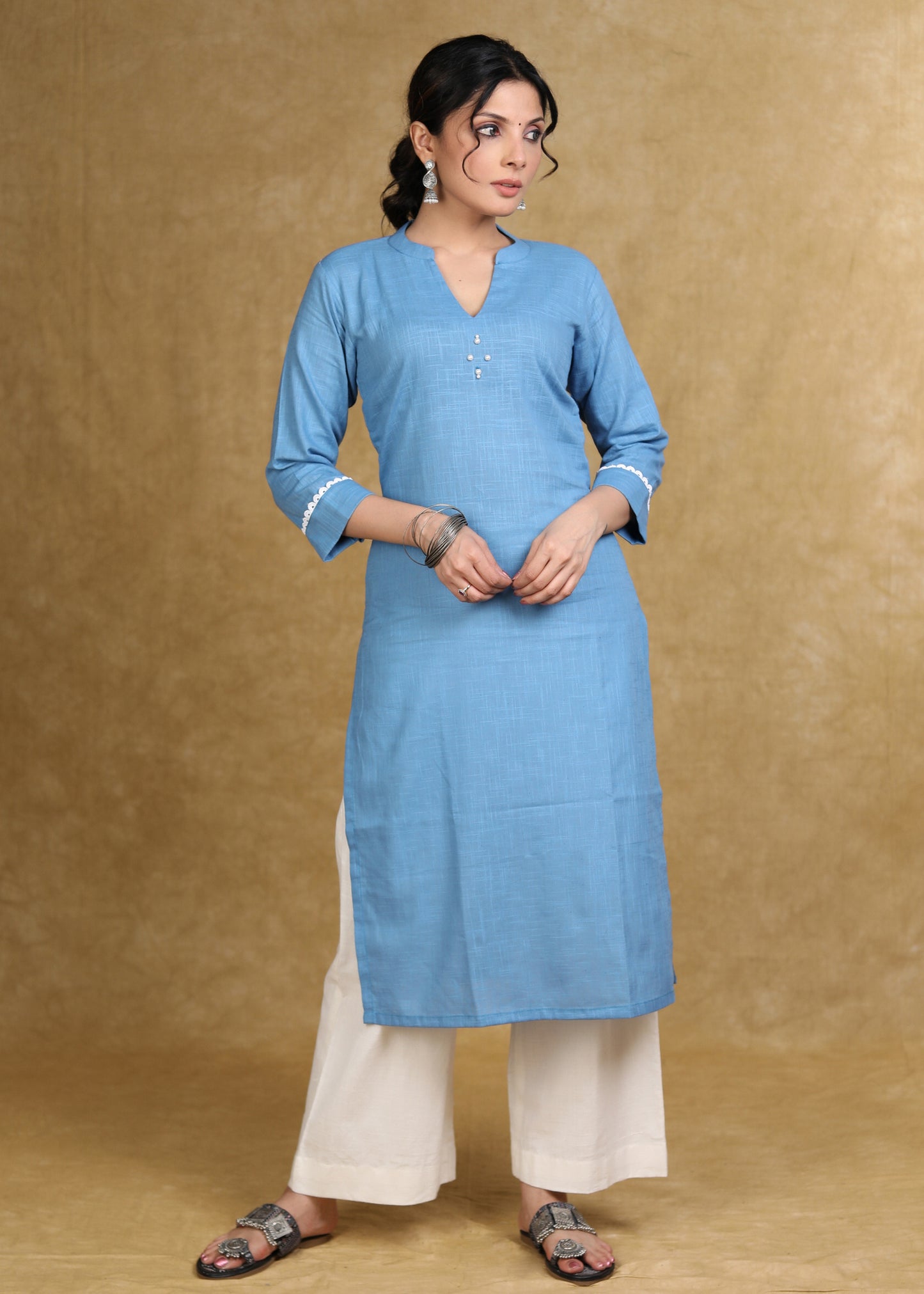 Classy Powder Blue Cotton Straight Cut Kurta with White Laces