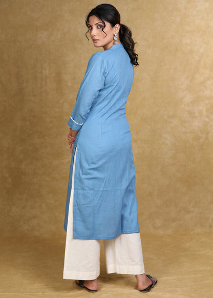 Classy Powder Blue Cotton Straight Cut Kurta with White Laces