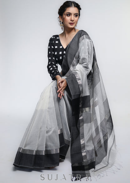 Elegant White Pure Maheshwari Saree with Grey & Zari Border