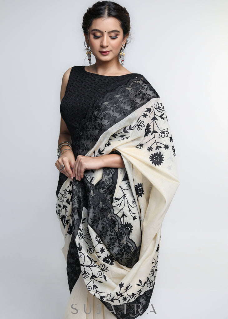 Mesmerizing Cream Chanderi Saree with Beautiful Black Embroidery & Delicate Border