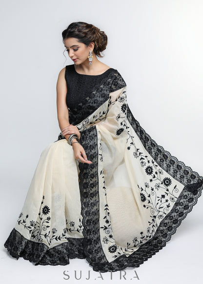 Mesmerizing Cream Chanderi Saree with Beautiful Black Embroidery & Delicate Border