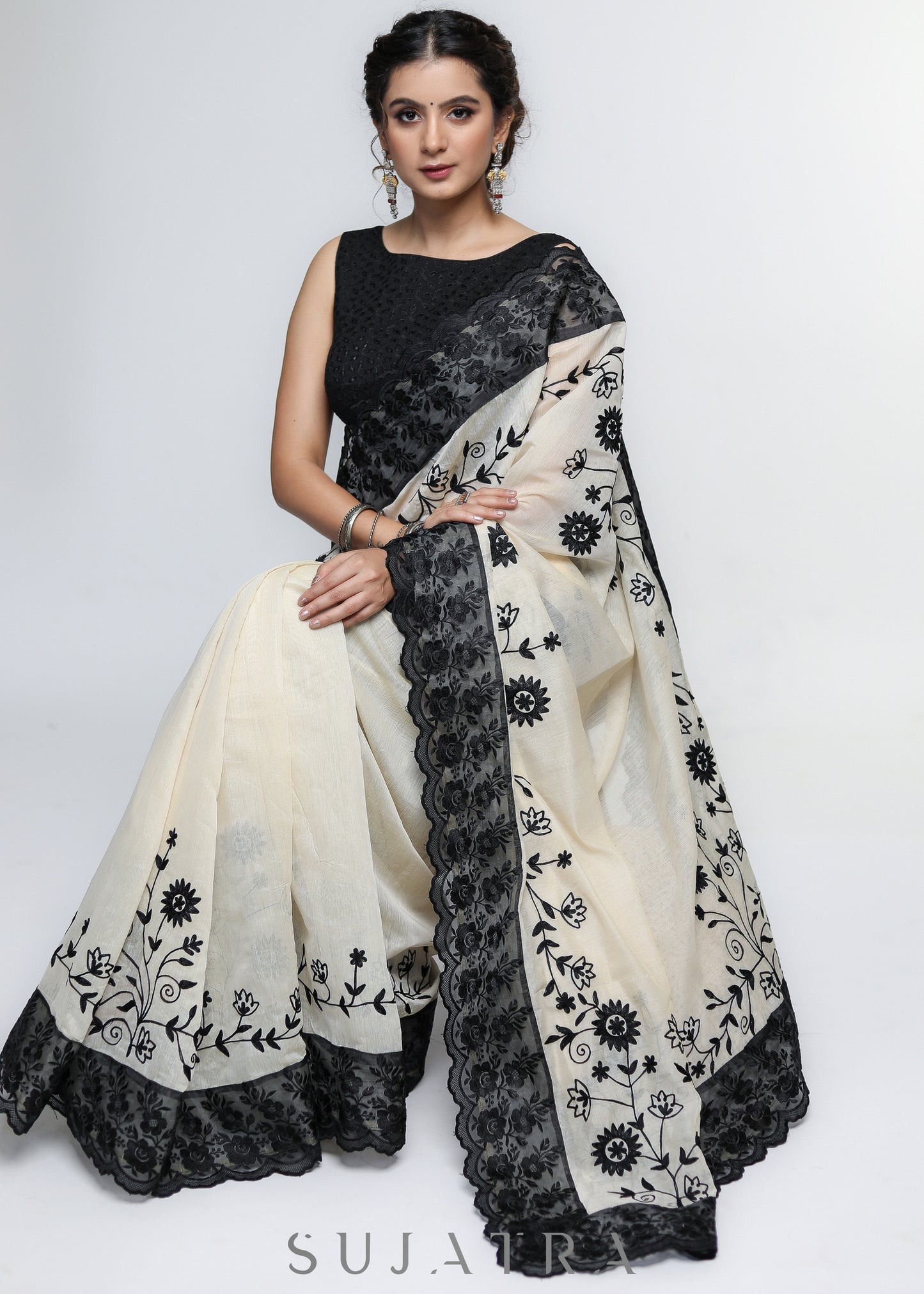 Mesmerizing Cream Chanderi Saree with Beautiful Black Embroidery & Delicate Border