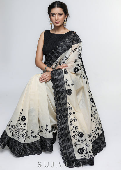 Mesmerizing Cream Chanderi Saree with Beautiful Black Embroidery & Delicate Border