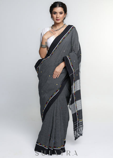 Smart Woven Black Cotton Checks Saree with Colorful Embroidery on the border