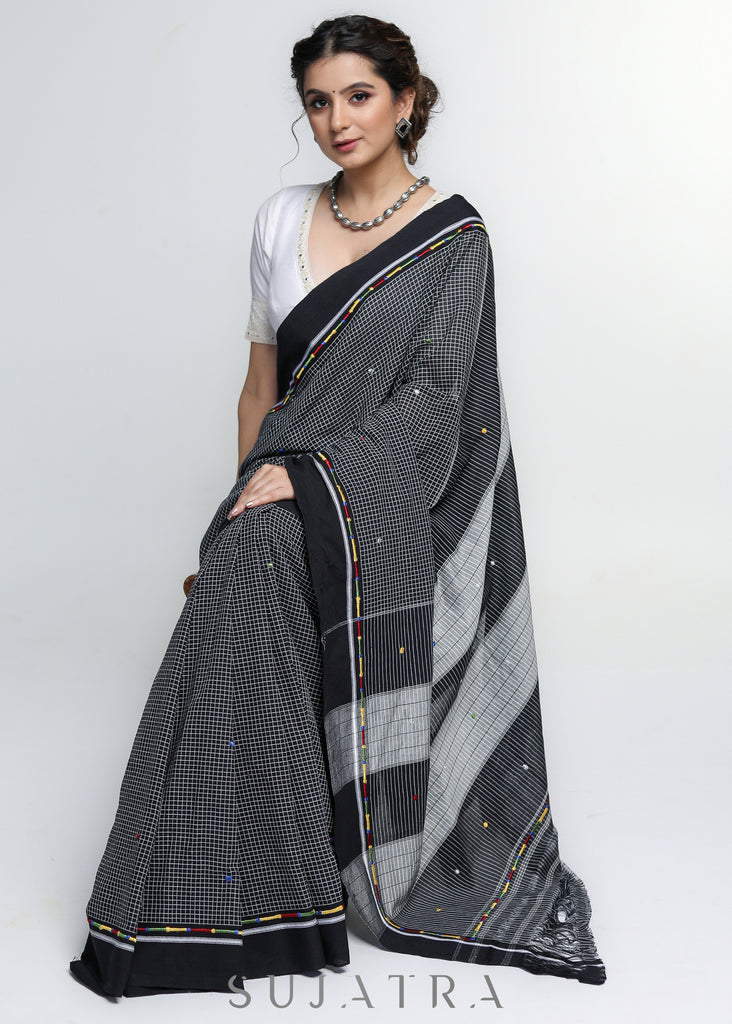 Smart Woven Black Cotton Checks Saree with Colorful Embroidery on the border