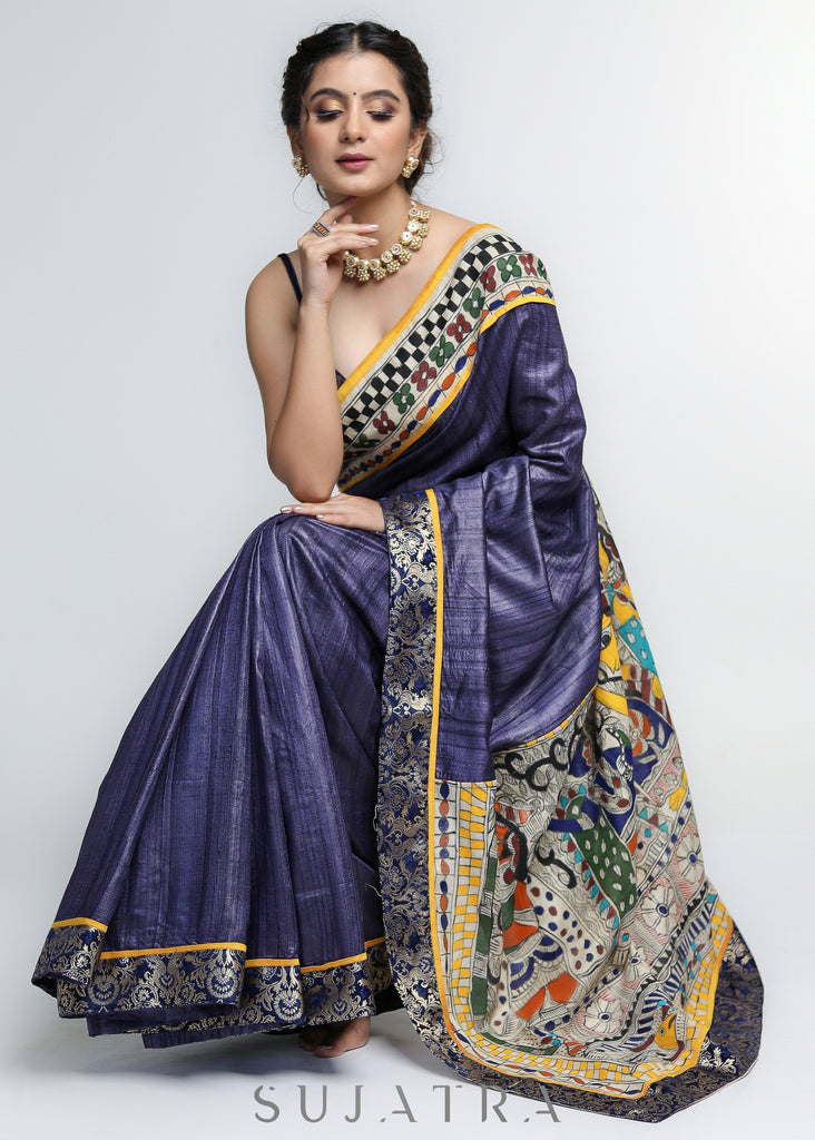 Designer Pure Ghicha Silk Saree with Kalamakari Palu & Banarasi Border