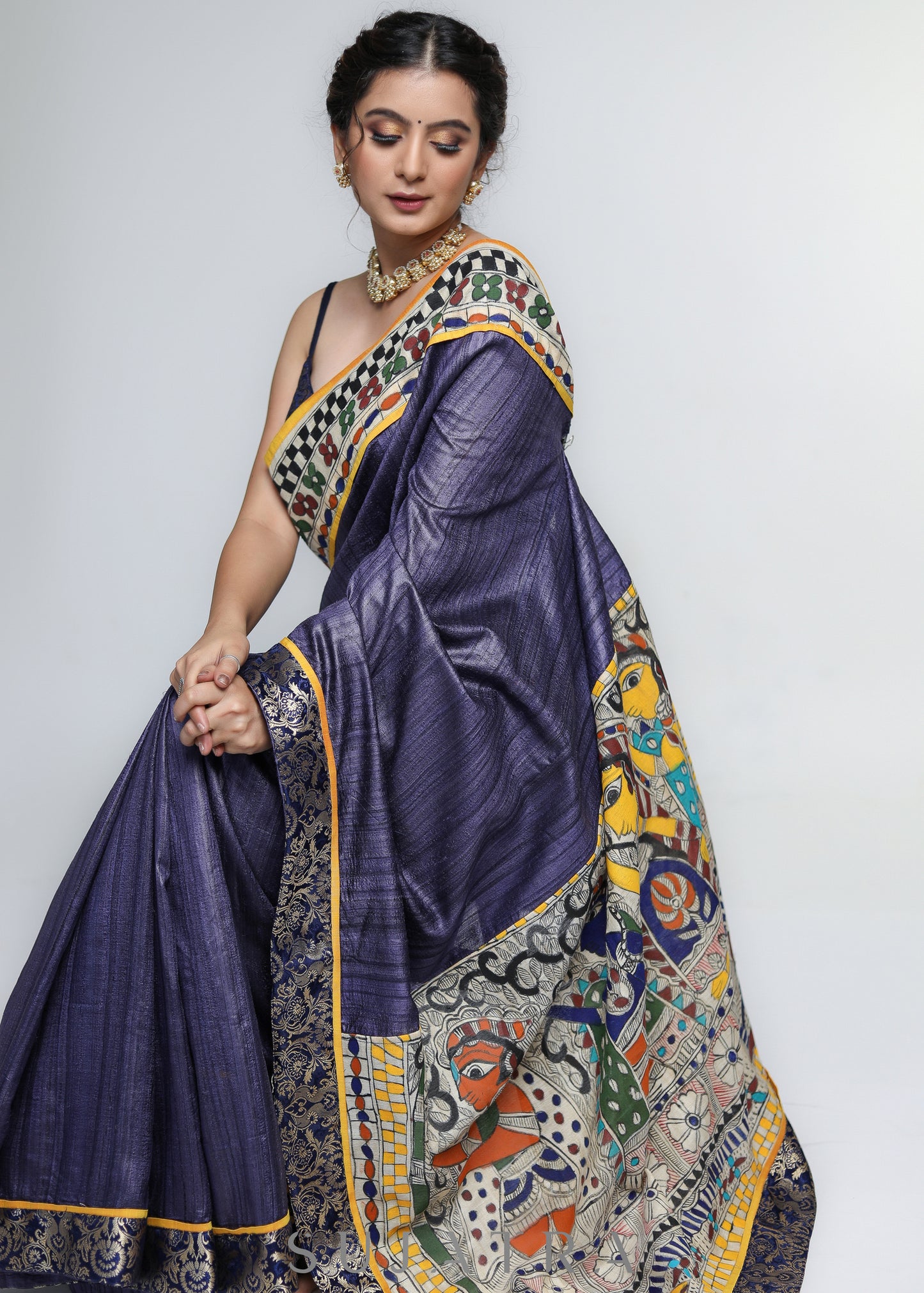 Designer Pure Ghicha Silk Saree with Madhubani Palu & Banarasi Border