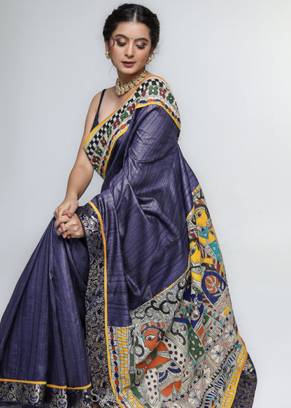 Designer Pure Ghicha Silk Saree with Madhubani Palu & Banarasi Border