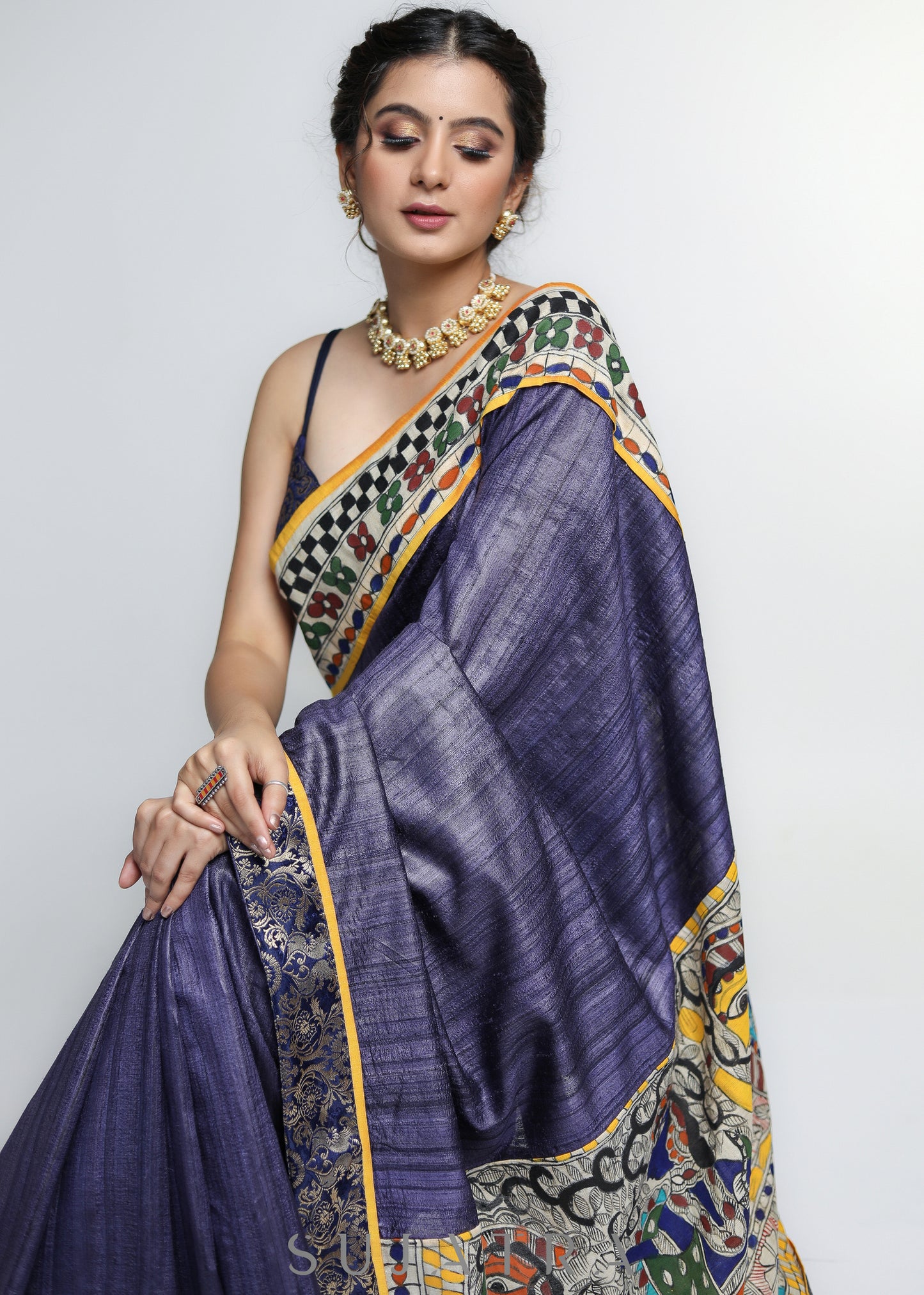 Designer Pure Ghicha Silk Saree with Madhubani Palu & Banarasi Border
