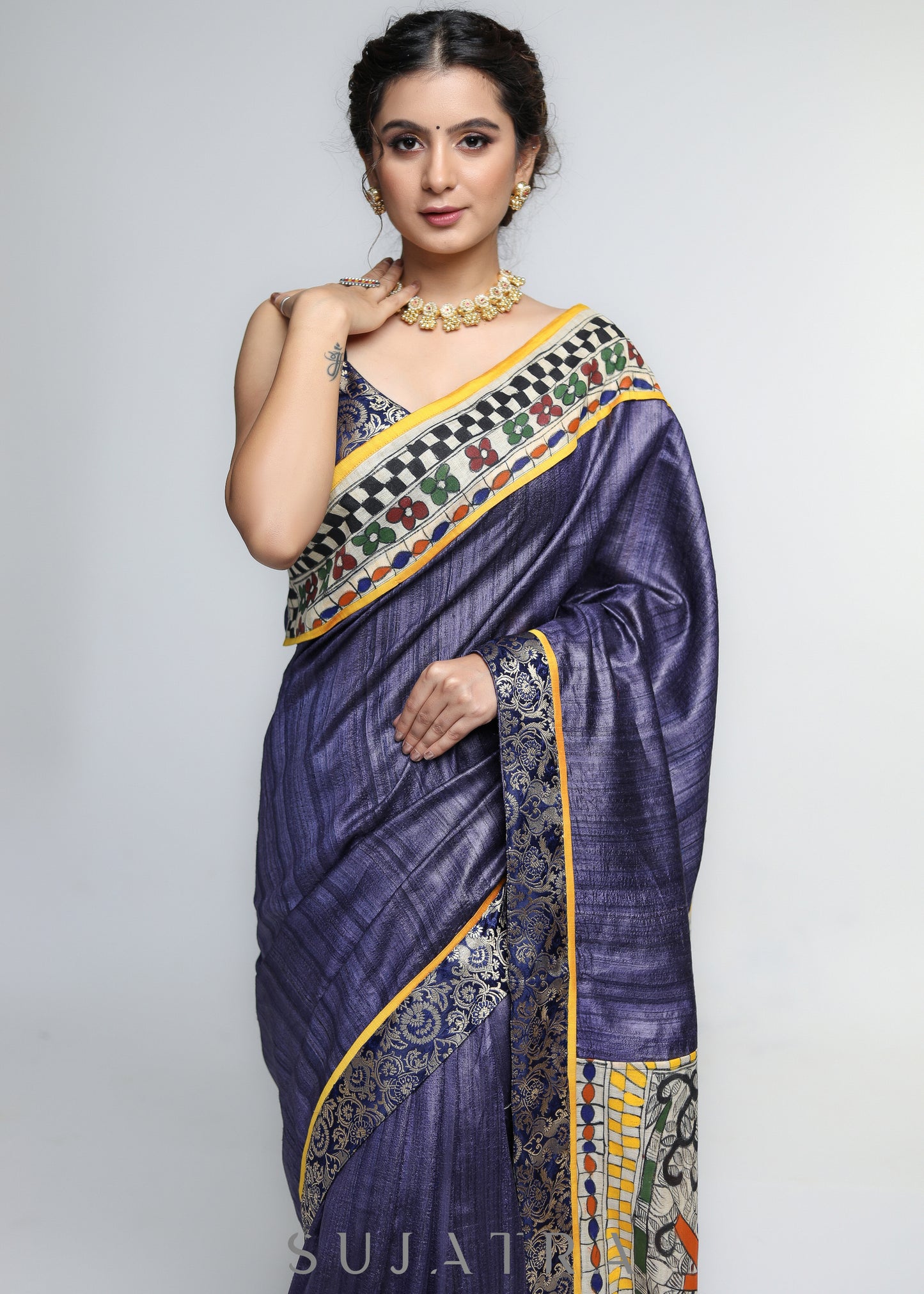 Designer Pure Ghicha Silk Saree with Madhubani Palu & Banarasi Border