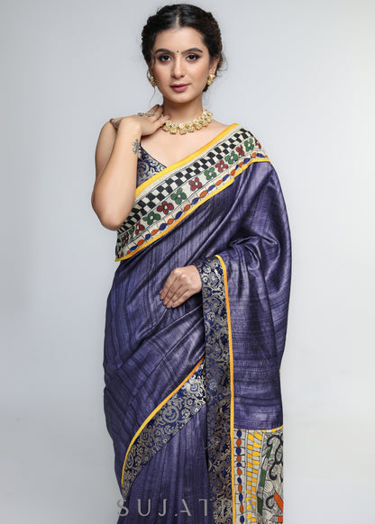 Designer Pure Ghicha Silk Saree with Madhubani Palu & Banarasi Border