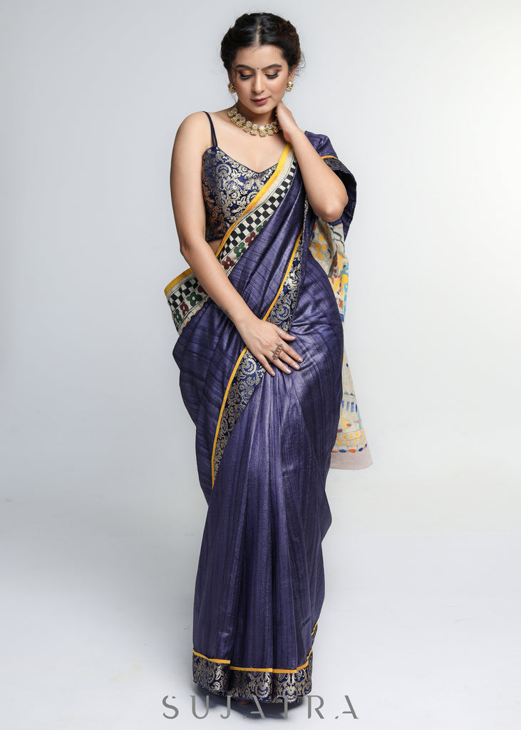 Designer Pure Ghicha Silk Saree with Kalamakari Palu & Banarasi Border