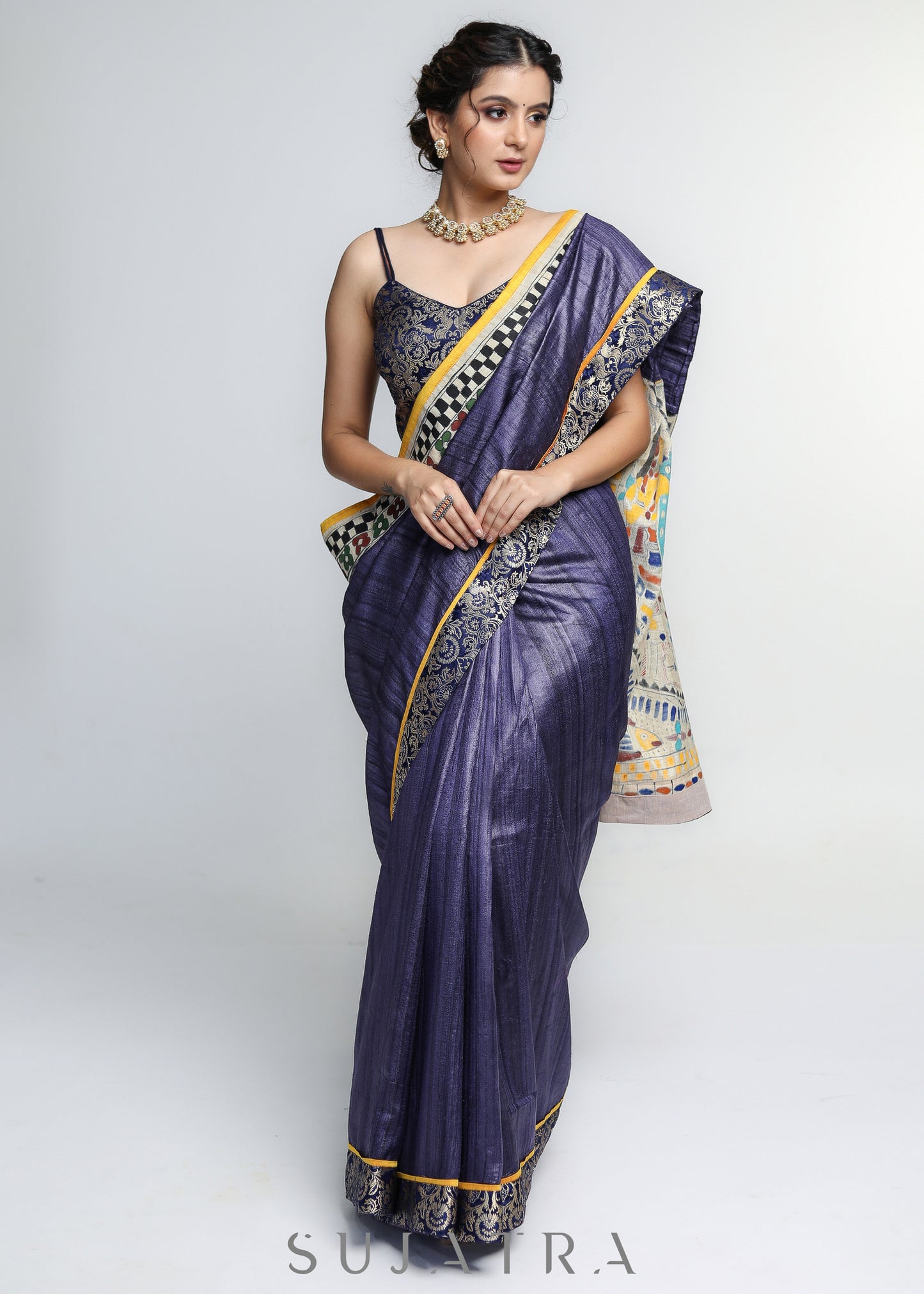 Designer Pure Ghicha Silk Saree with Madhubani Palu & Banarasi Border