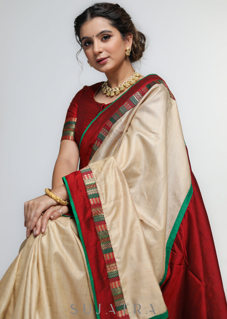 Elegant Pure Tussar Silk Saree with Banarasi border and Maroon Pallu