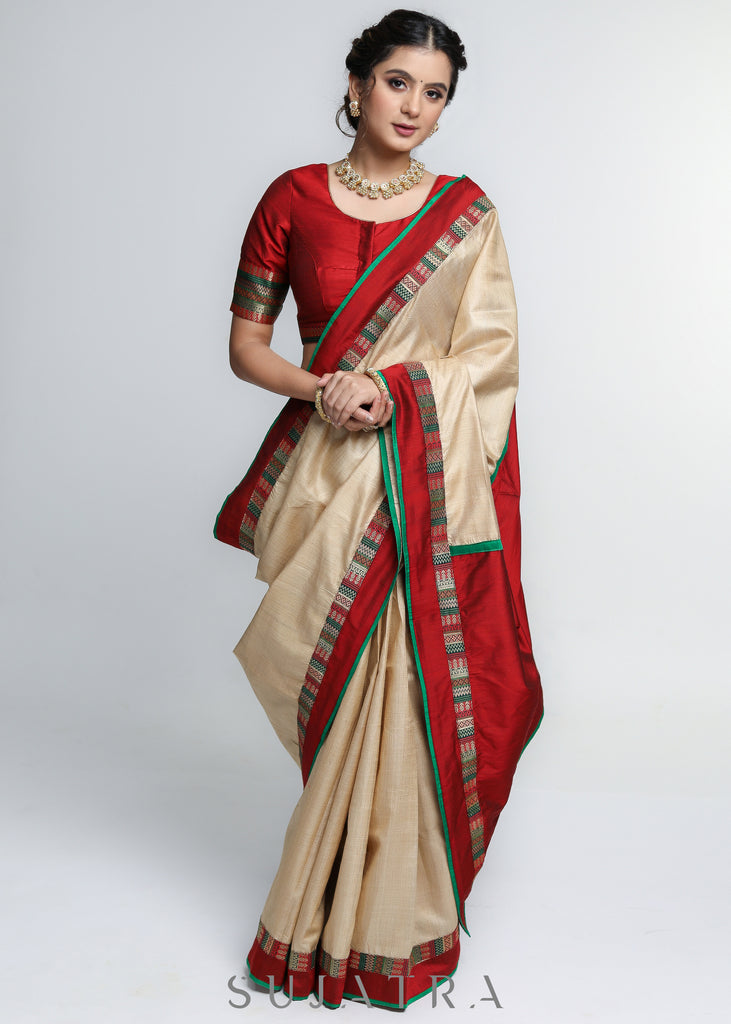 Elegant Pure Tussar Silk Saree with Banarasi border and Maroon Pallu