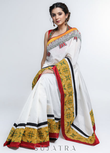 Stylish White Chanderi Saree with Mustard Ajrakh Border & Gond Painting Detailing