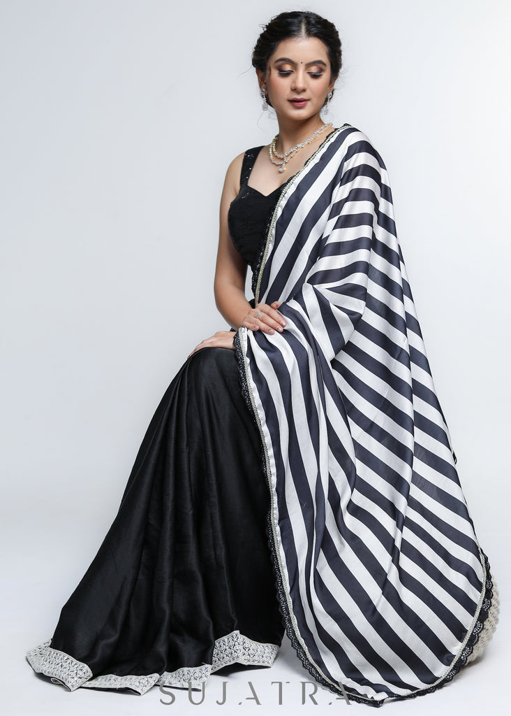 Exclusive Black Satin Saree with Black & White Pallu And Lace Detailing at the Border