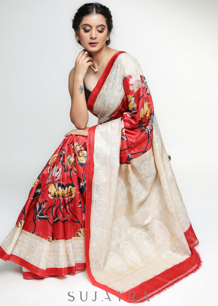 Stylish Red Pure Tussar Silk printed Saree with Lucknowi Work on border & Pallu