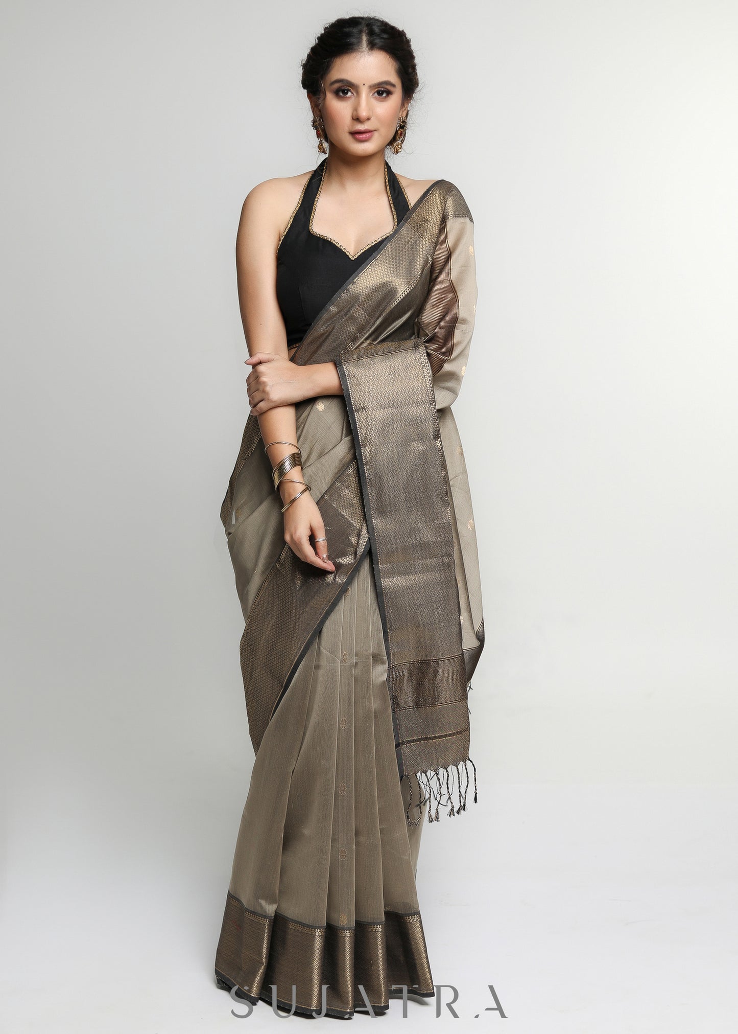 Stylish Light Brown Pure Maheshwari Saree with Zari Border & Butta allover