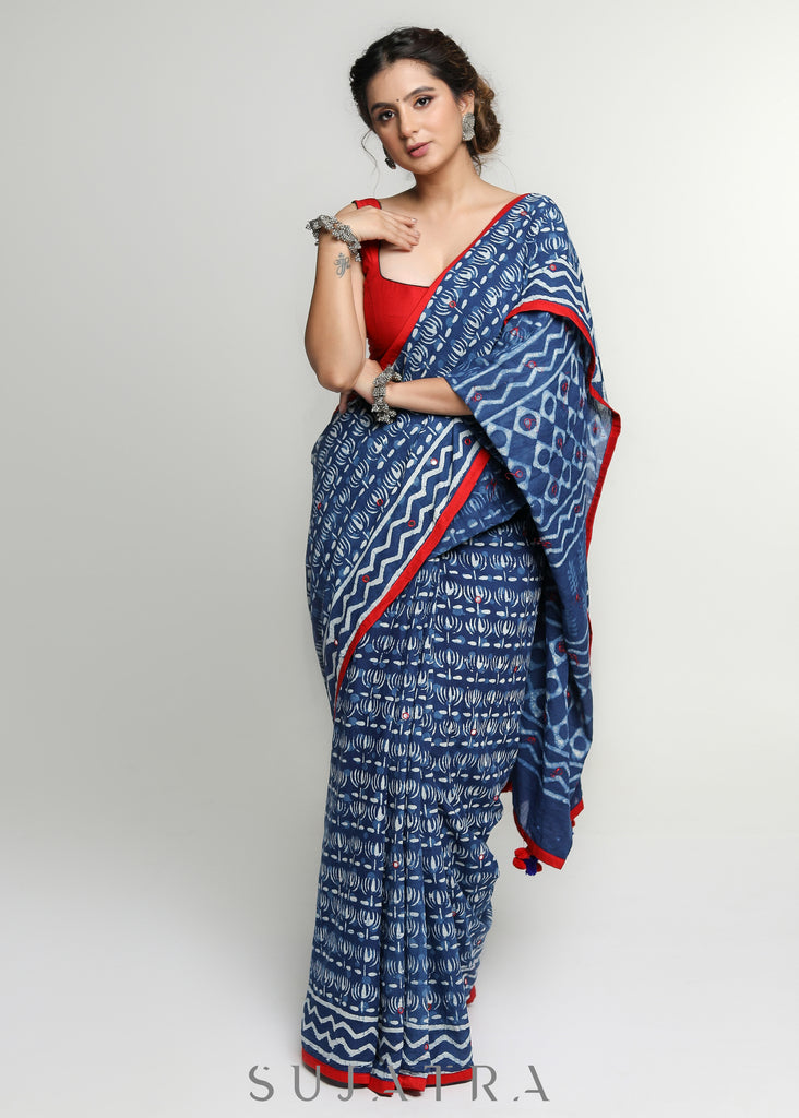 Elegant Indigo Cotton Saree with Mirror work & Red Border
