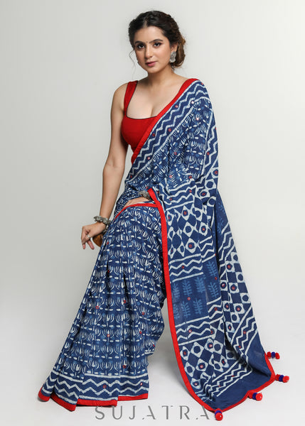 Elegant Indigo Cotton Saree with Mirror work & Red Border