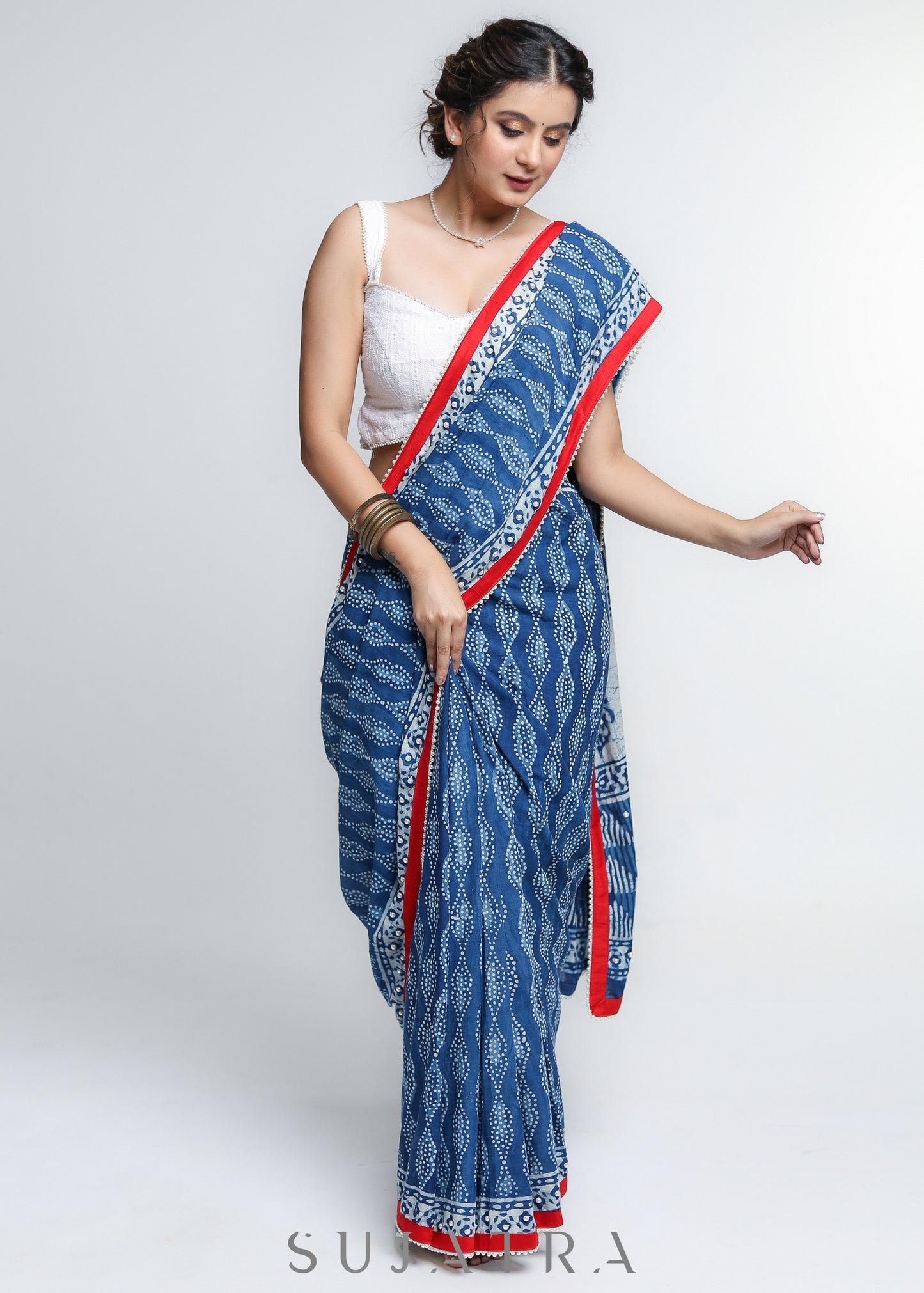 Beautiful Indigo Cotton Saree with mirror work detailing & red Border