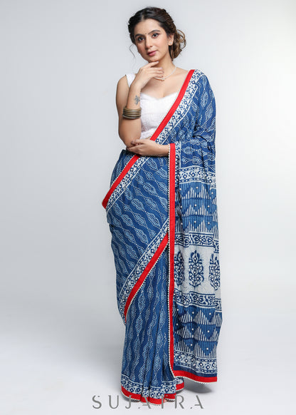 Beautiful Indigo Cotton Saree with mirror work detailing & red Border