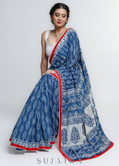 Beautiful Indigo Cotton Saree with mirror work detailing & red Border