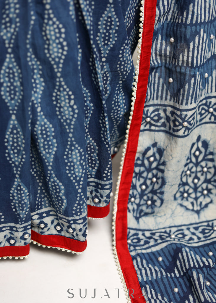 Beautiful Indigo Cotton Saree with mirror work detailing & red Border