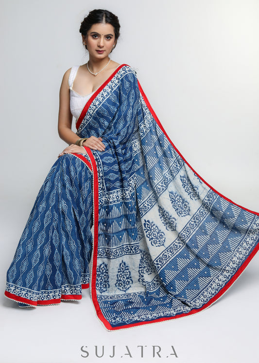 Beautiful Indigo Cotton Saree with mirror work detailing & red Border