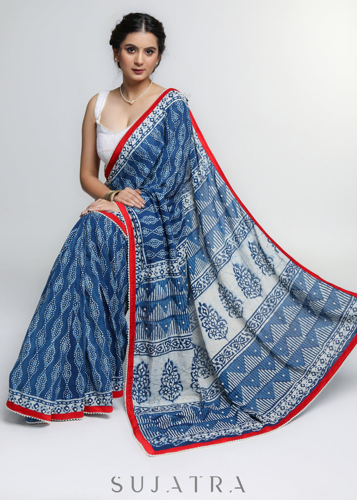 Beautiful Indigo Cotton Saree with mirror work detailing & red Border