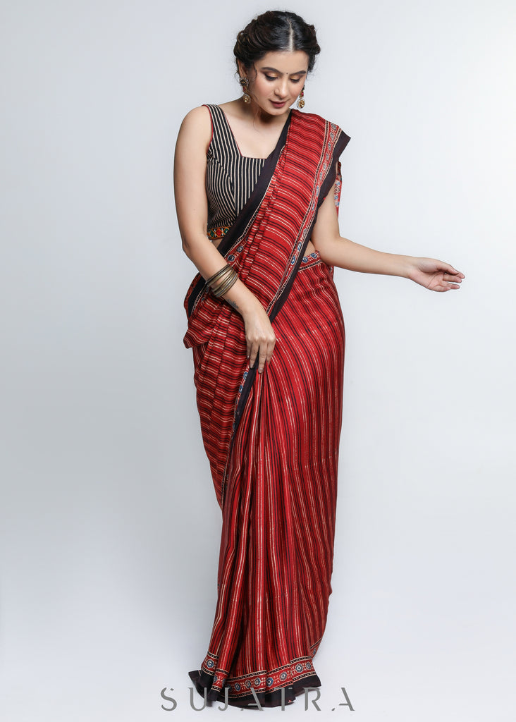 Exclusive Red Modal Silk Saree with Striped Pattern