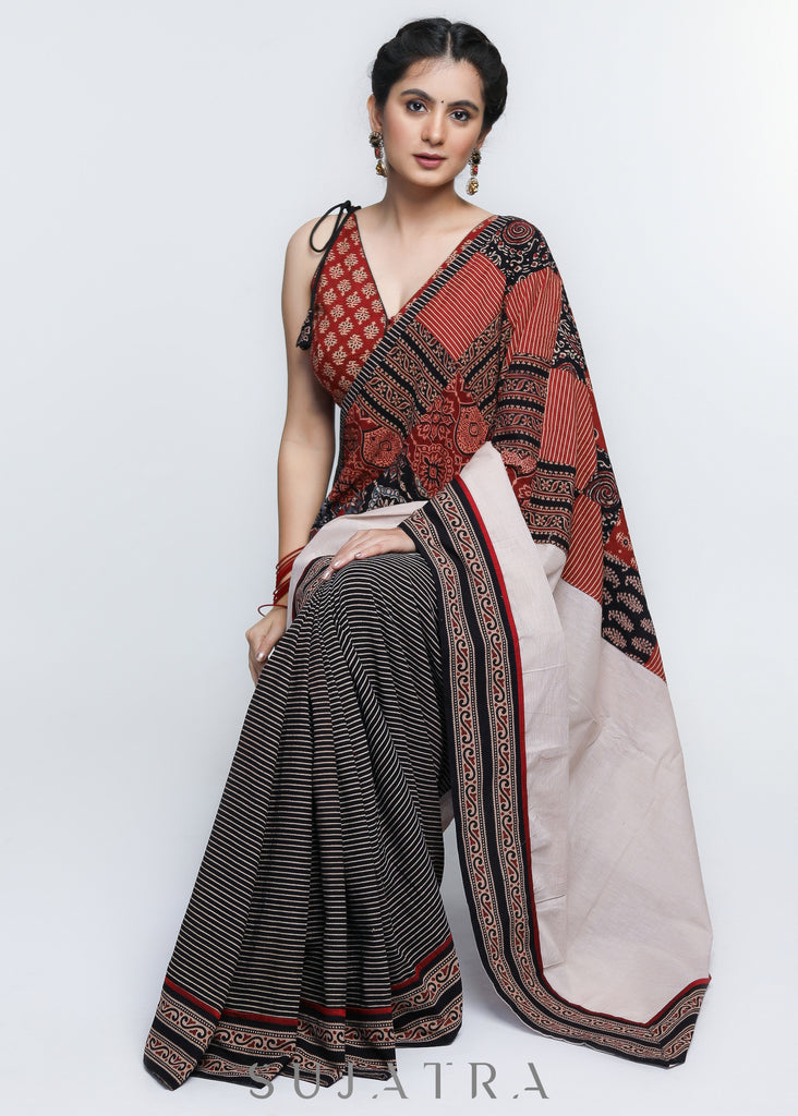 Designer Black Lines Cotton Saree with Patchwork & Cream Pallu