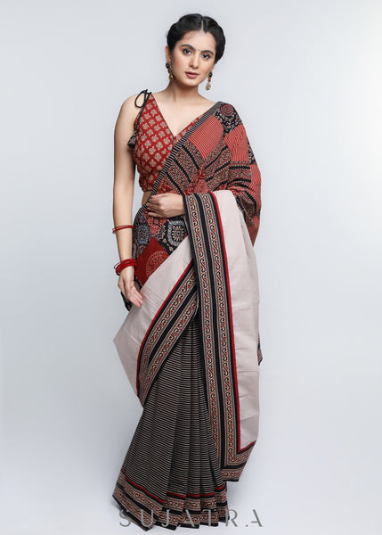 Designer Black Lines Cotton Saree with Patchwork & Cream Pallu