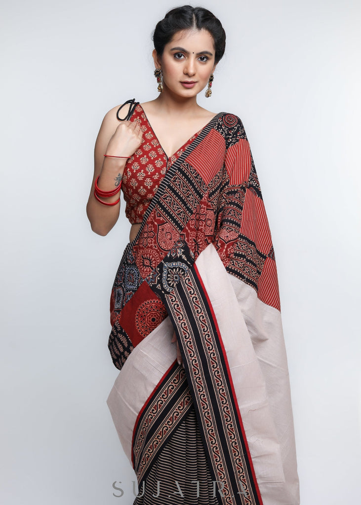 Designer Black Lines Cotton Saree with Patchwork & Cream Pallu