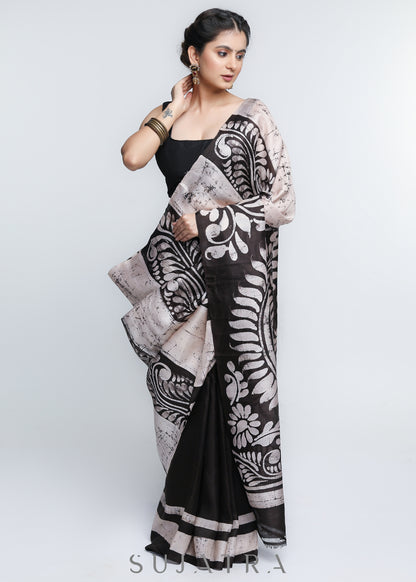Exquisite White & Black Combination Pure Silk Handpainted Batik saree