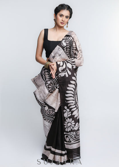 Exquisite White & Black Combination Pure Silk Handpainted Batik saree