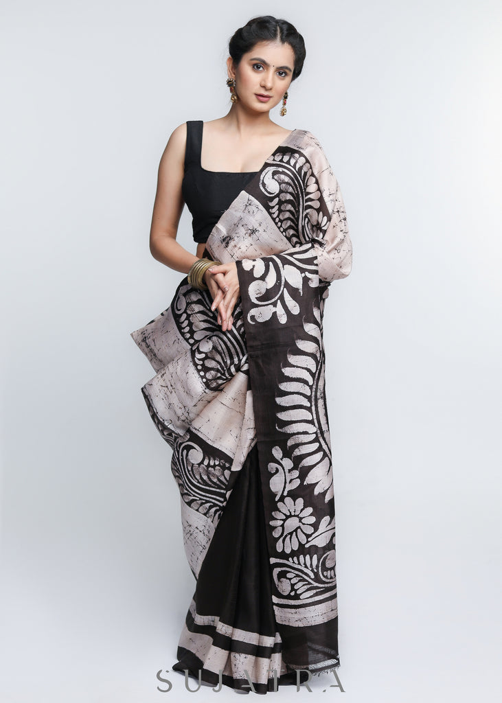 Exquisite White & Black Combination Pure Handpainted Batik saree