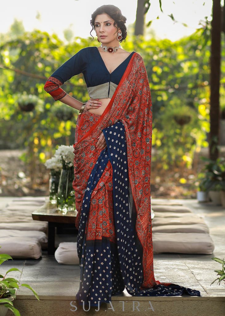 Exquisite Maroon Modal Silk Saree with Blue Bandhej Border