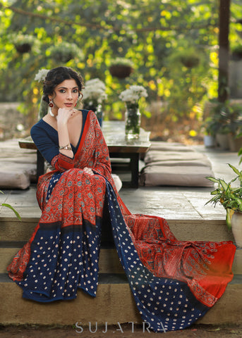 Exquisite Maroon Modal Silk Saree with Blue Bandhej Border