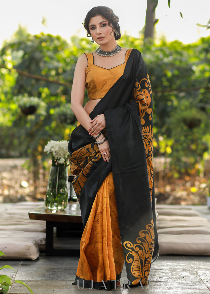 Exquisite Mustard & Black Combination Pure Handpainted Batik saree