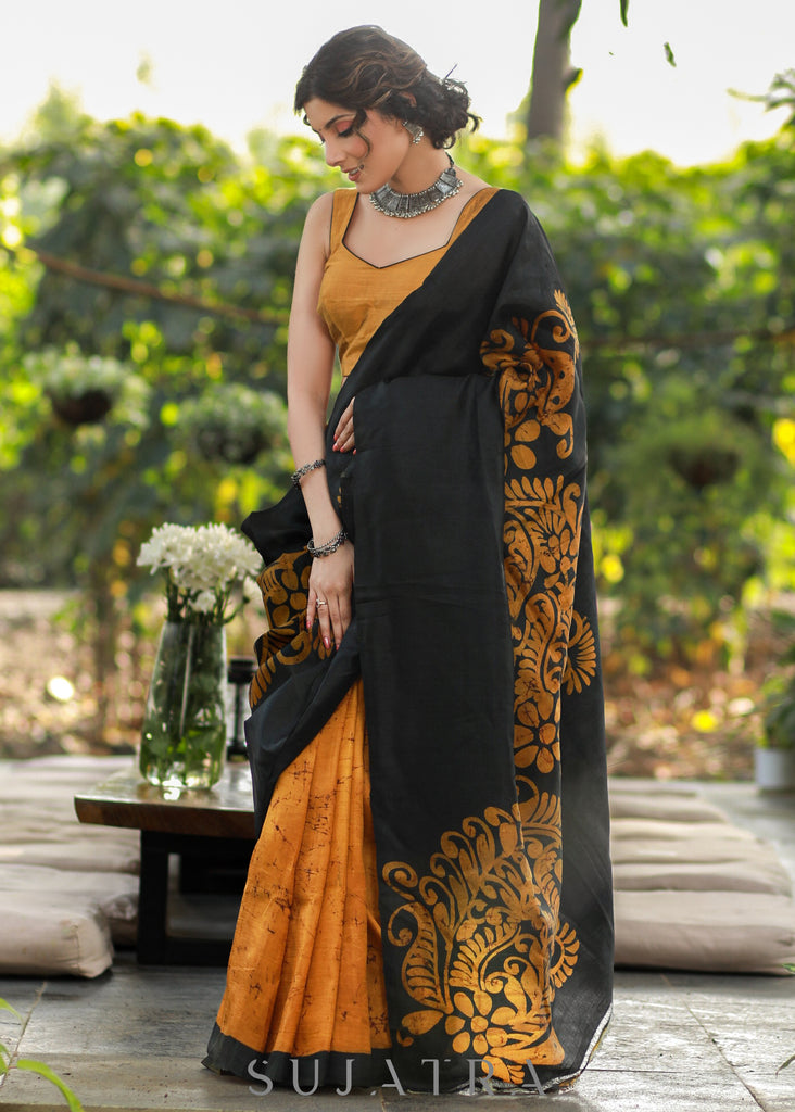 Exquisite Mustard & Black Combination Pure Handpainted Batik saree