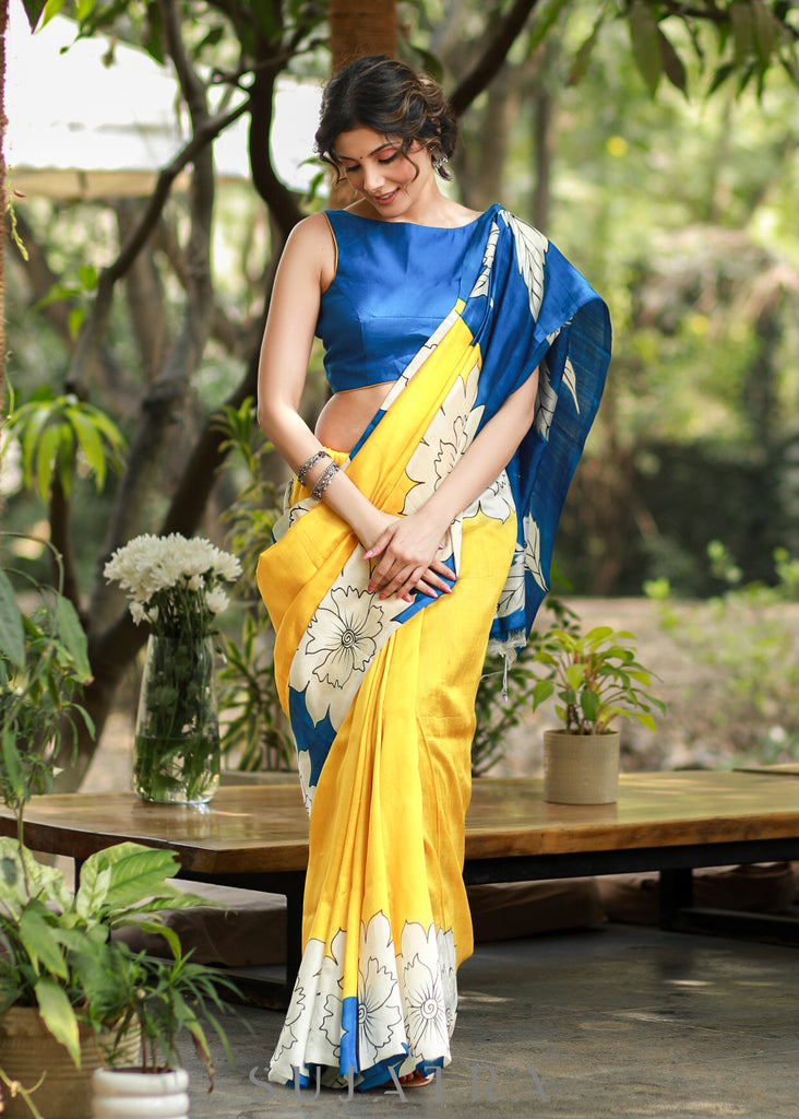 Graceful Yellow & Blue Pure Silk Handpainted Saree